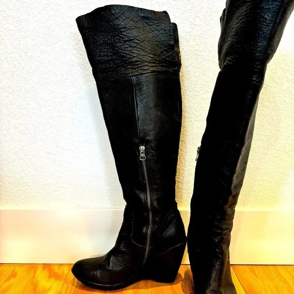 Kork-Ease Adrianne black leather high knee fold over wedge boots - size 8/39‌‌‌ - Picture 2 of 13